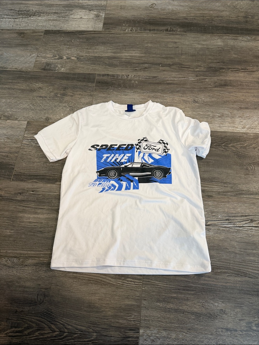 Ford White Graphic Tee with Black Car and Blue Accents